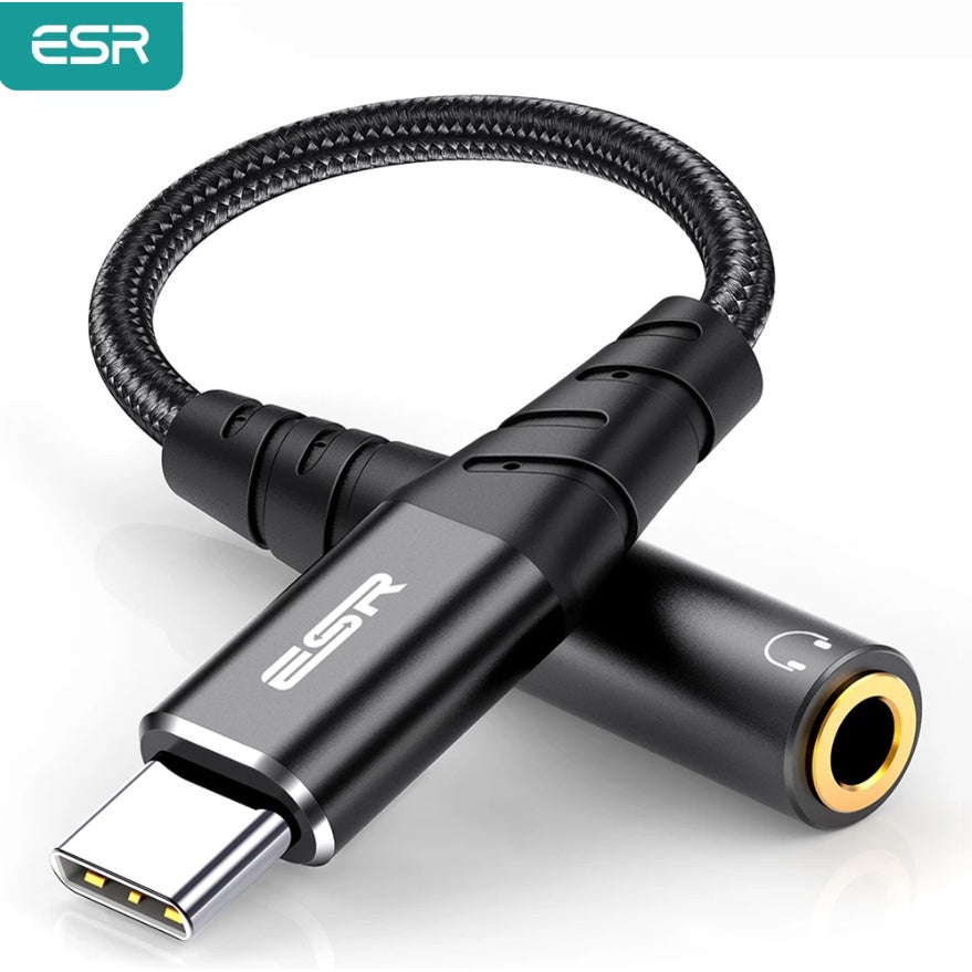 Penyesuai Bicu Fon Kepala USB-C PD ESR, Penyesuai Audio 2-dalam-1 USB-C hingga 3.5 mm dengan Pengecasan Pantas untuk Aux, Stereo, Fon Telinga
