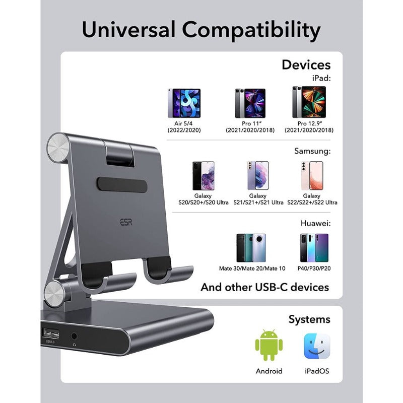 ESR 8-dalam-1 Portable Stand Hub, USB-C Hub, 4K@30Hz HDMI, 100W Power Delivery, 2 USB 3.0 Ports, 3.5 mm Jack, SD/microSD