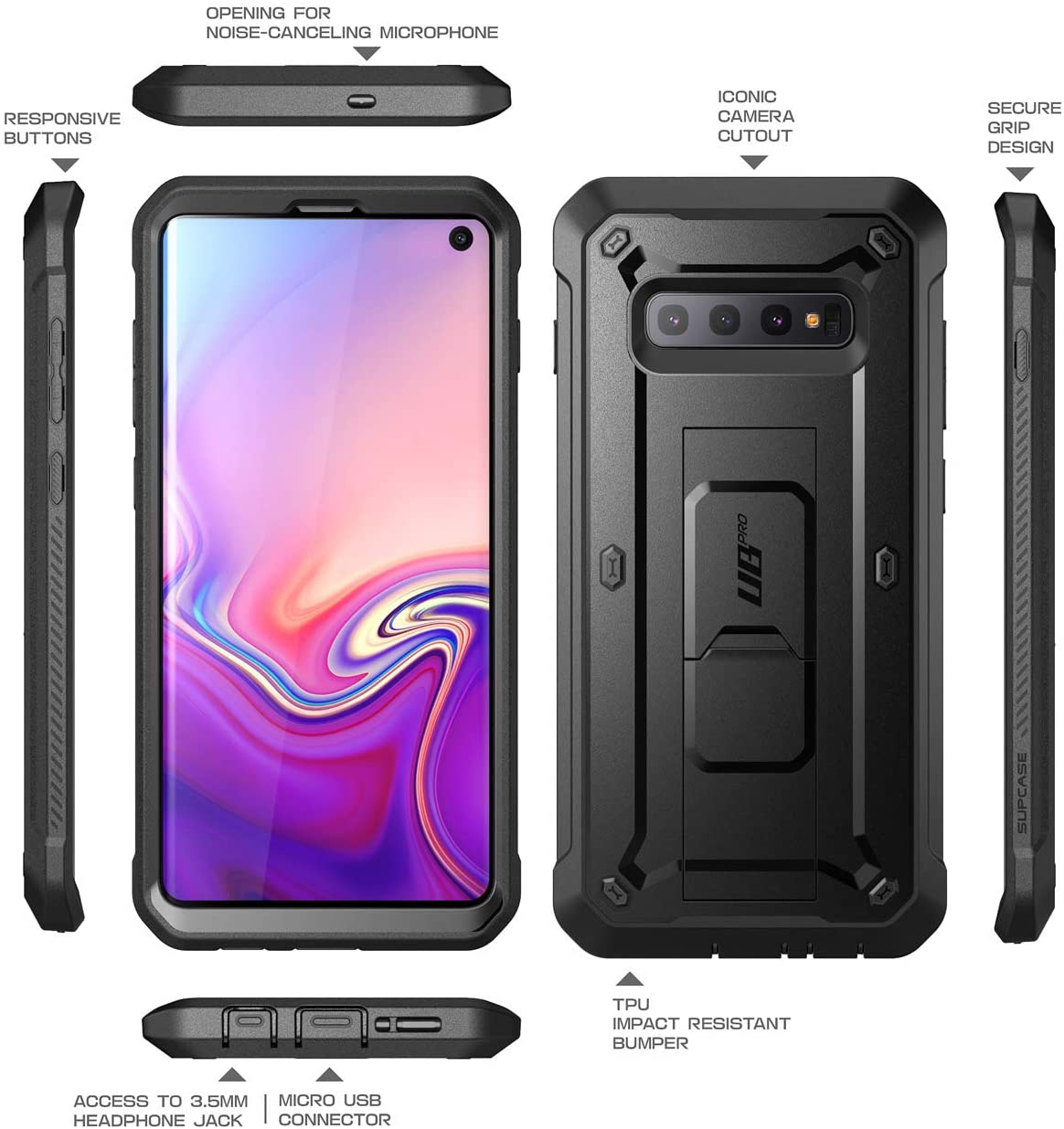 SUPCASE Unicorn Beetle Pro Galaxy S10 Full-Body Dual Layer Rugged with Holster & Kickstand Without Built-in Screen Protector (Black)