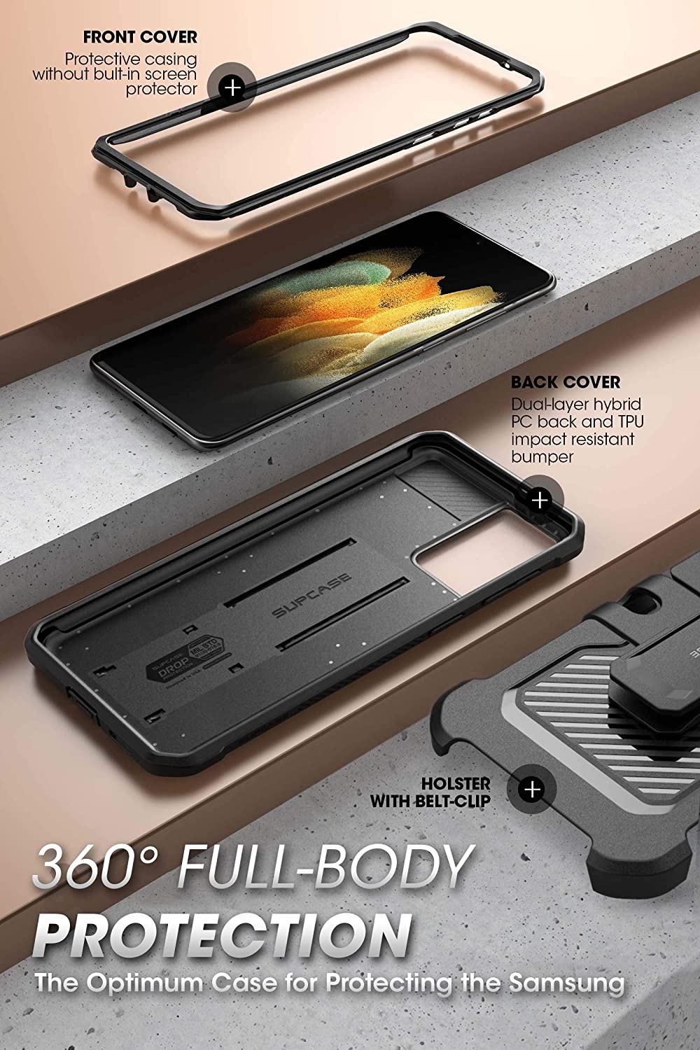 SUPCASE Unicorn Beetle Pro Galaxy S21 / Plus / Ultra Full-Body Dwi Lapisan Sarung Lasak & Kickstand Tanpa Pelindung Skrin Terbina dalam (Hitam)