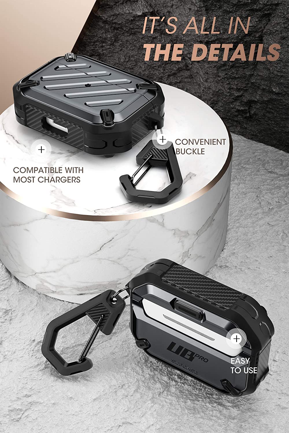 SUPCASE Unicorn Beetle Pro Airpods Pro, Airpods Generasi Pertama & Ke-2 Sarung Pelindung Lasak Seluruh Badan dengan Carabiner (Hitam)