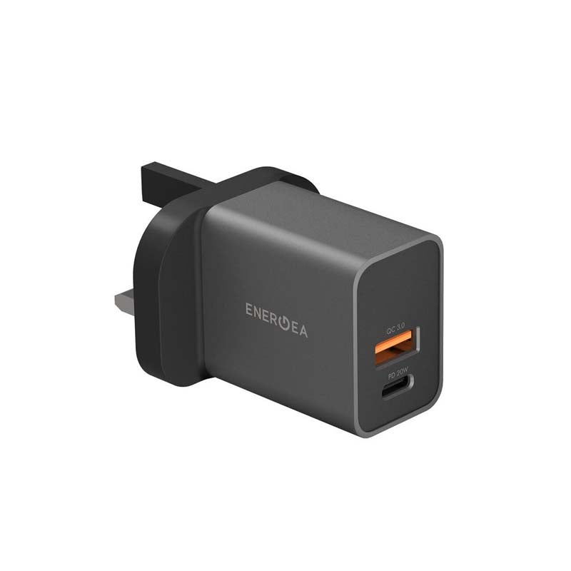 ENERGEA AMPCHARGE PD20+, PD USB-C + QC USB-A PORT WALL CHARGER, 20W (UK) - GUNMETAL