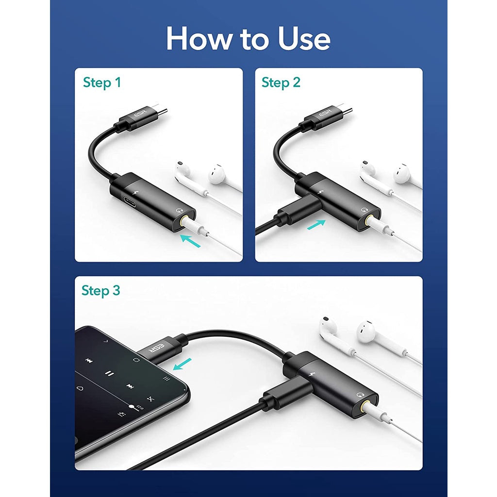 Penyesuai Bicu Fon Kepala USB-C PD ESR, Penyesuai Audio 2-dalam-1 USB-C hingga 3.5 mm dengan Pengecasan Pantas untuk Aux, Stereo, Fon Telinga