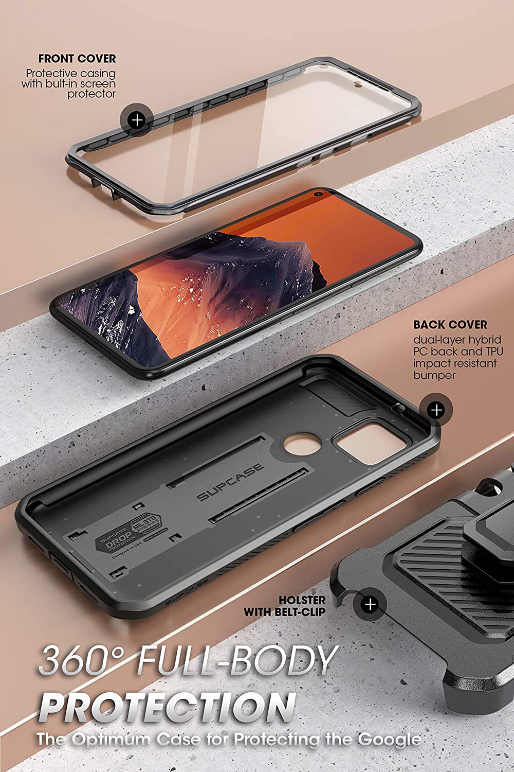 SUPCASE Unicorn Beetle Pro Google Pixel 5 Full-Body Rugged Holster Case with Built-in Screen Protector (Black)