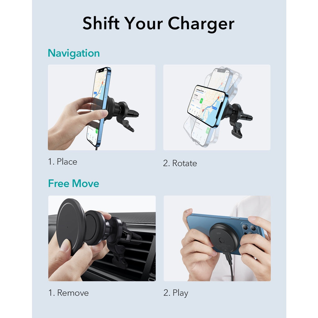 Pengecas Kereta Wayarles ESR Mod Pad Pengecasan Magnetik Boleh Tanggal untuk iPhone 13 12 Pro Max Sokongan untuk MagSafe