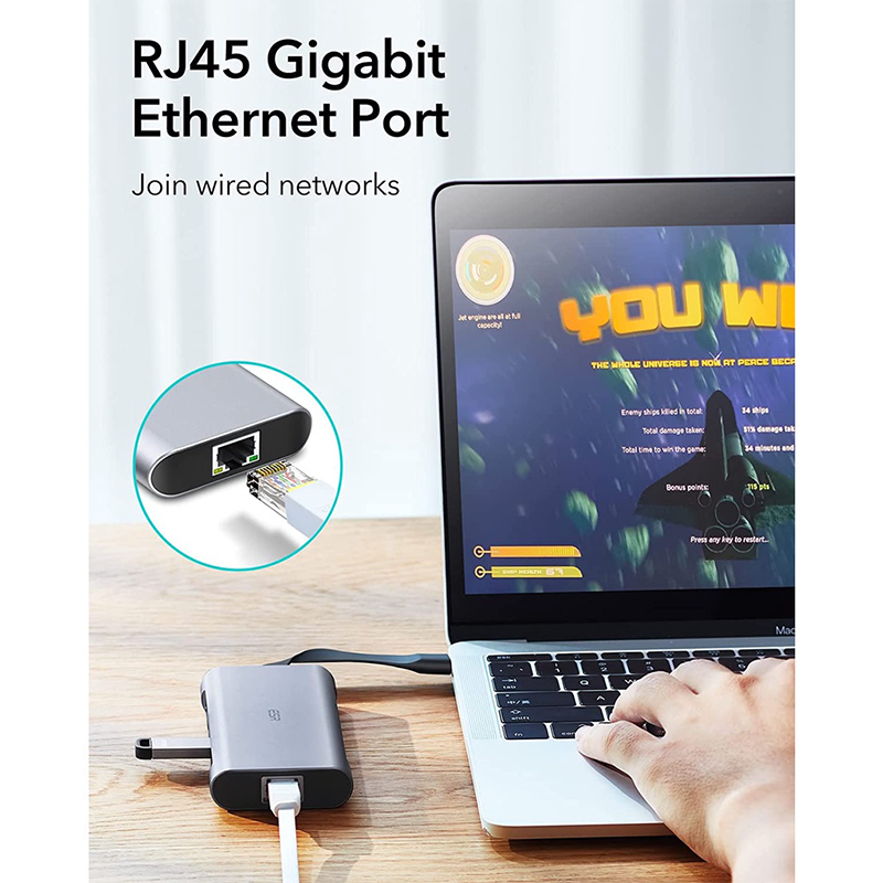 ESR 8-in-1 Portable Hub, USB-C Hub with Gigabit Ethernet, 4K@30Hz HDMI, 100W Power Delivery, 2 USB 3.0 Ports, 1 USB 2.0