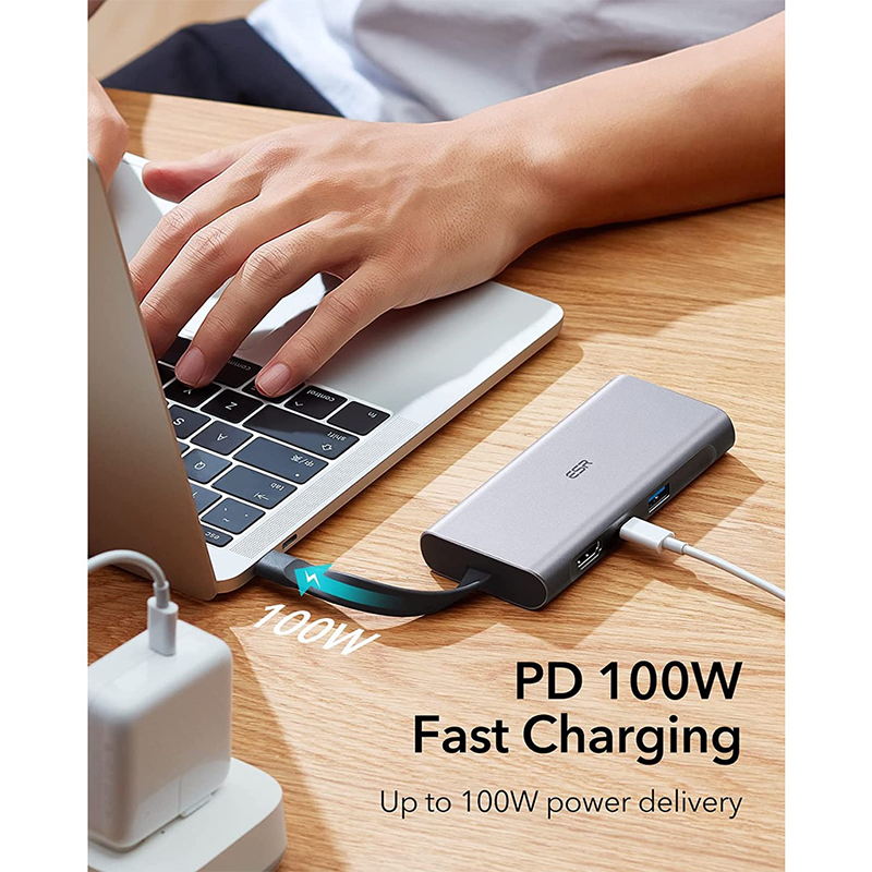 ESR 8-in-1 Portable Hub, USB-C Hub with Gigabit Ethernet, 4K@30Hz HDMI, 100W Power Delivery, 2 USB 3.0 Ports, 1 USB 2.0