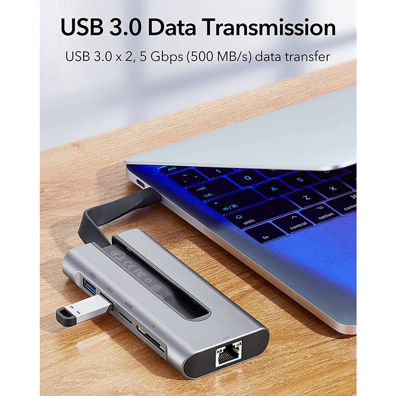 ESR 8-in-1 Portable Hub, USB-C Hub with Gigabit Ethernet, 4K@30Hz HDMI, 100W Power Delivery, 2 USB 3.0 Ports, 1 USB 2.0