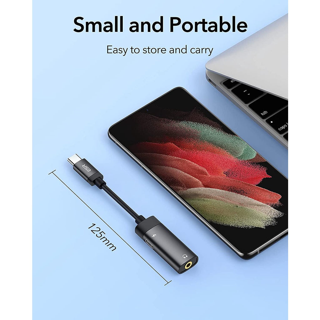 Penyesuai Bicu Fon Kepala USB-C PD ESR, Penyesuai Audio 2-dalam-1 USB-C hingga 3.5 mm dengan Pengecasan Pantas untuk Aux, Stereo, Fon Telinga
