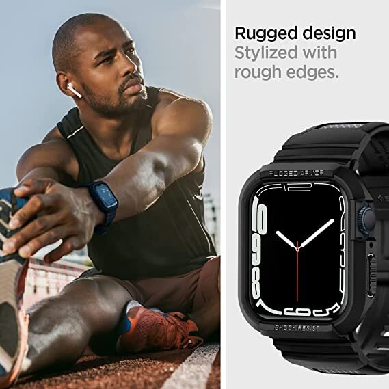 Spigen Rugged Armor Pro Black Case Band Serasi Dengan Apple Watch Siri 8 / SE / 7 / 6 / 5 / 4 (45mm/44mm) Sarung