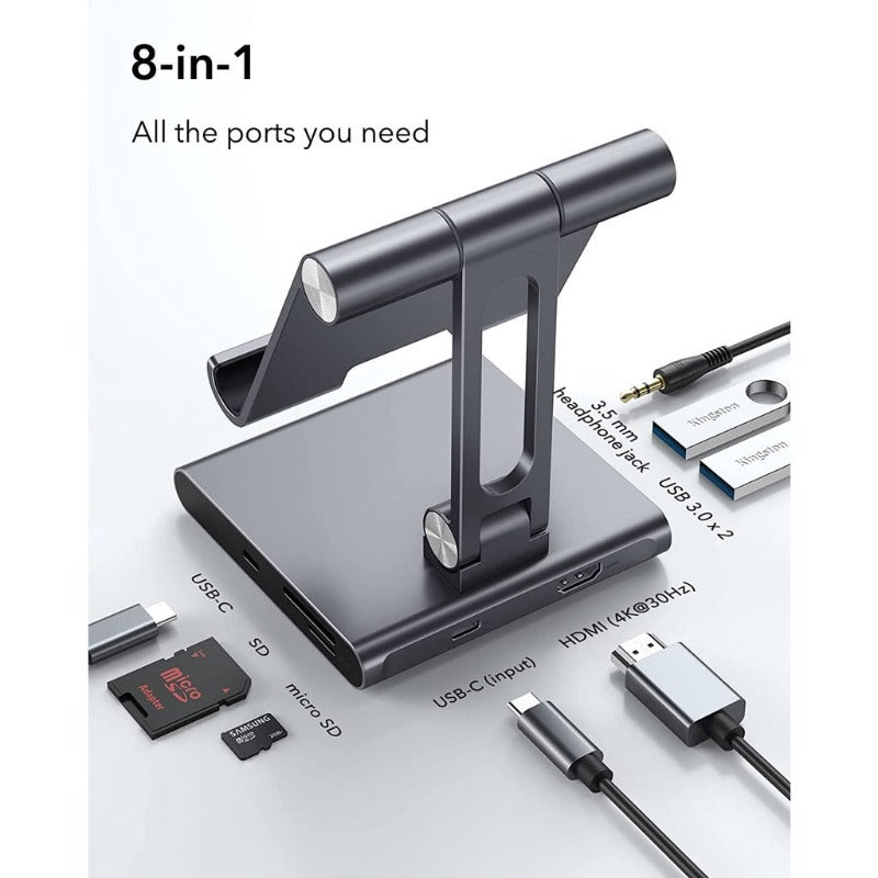 ESR 8-dalam-1 Portable Stand Hub, USB-C Hub, 4K@30Hz HDMI, 100W Power Delivery, 2 USB 3.0 Ports, 3.5 mm Jack, SD/microSD