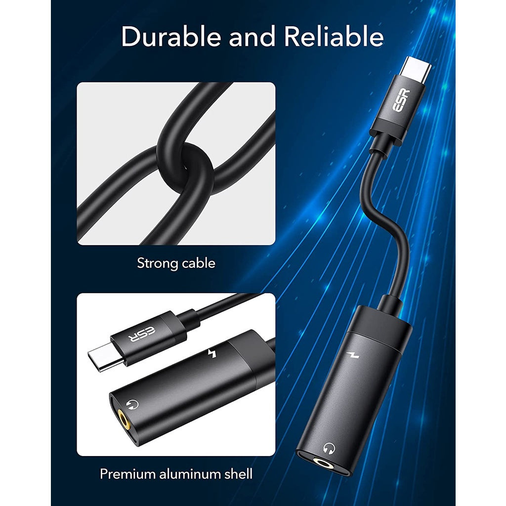Penyesuai Bicu Fon Kepala USB-C PD ESR, Penyesuai Audio 2-dalam-1 USB-C hingga 3.5 mm dengan Pengecasan Pantas untuk Aux, Stereo, Fon Telinga