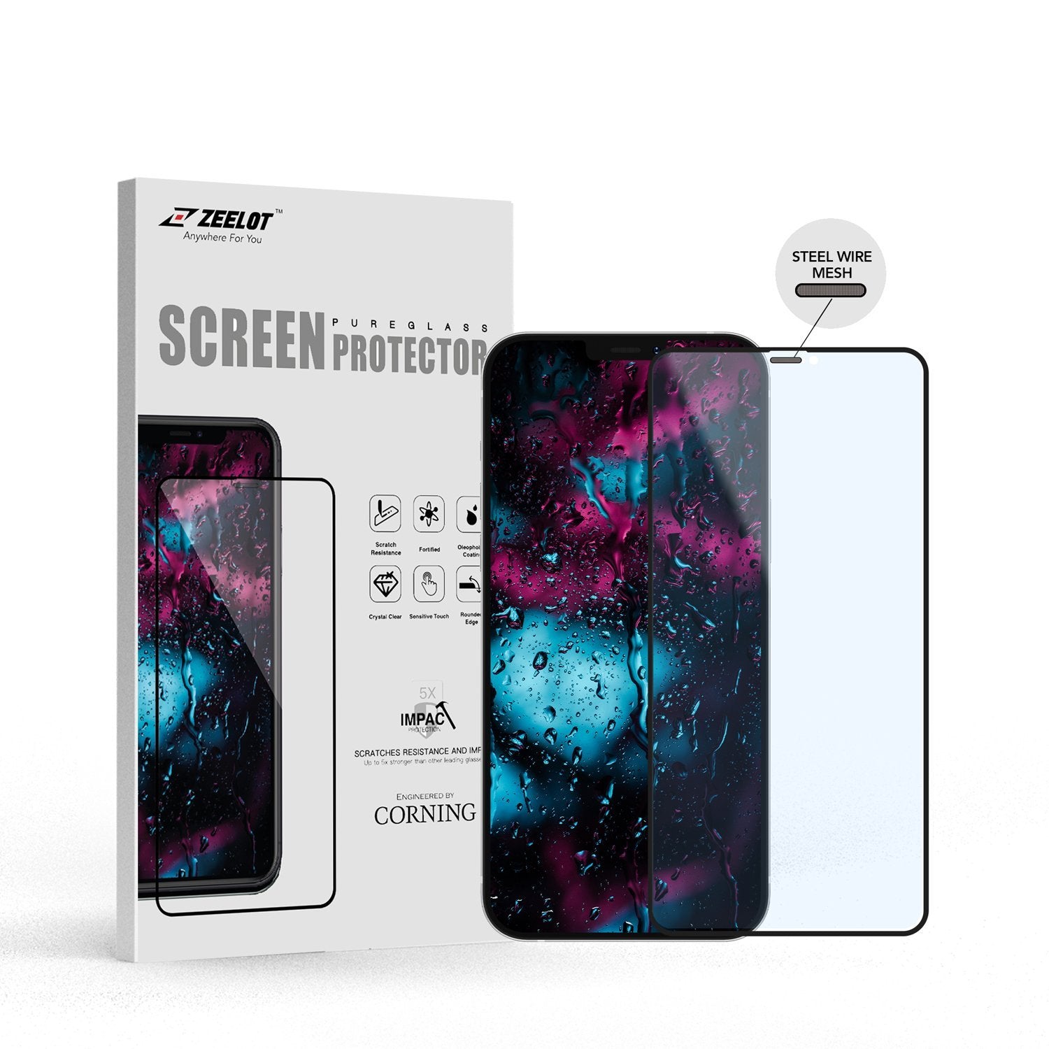 ZEELOT PureGlass iPhone12/Pro/ProMax Anti-Blue Ray, 2X Strengthen 2.5D Curved Edge, Scratch & Impact Resistance, Corning