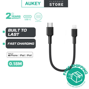Aukey CB-CL12 Impulse MFI Braided Nylon USB C To Lightning Cable - 18cm