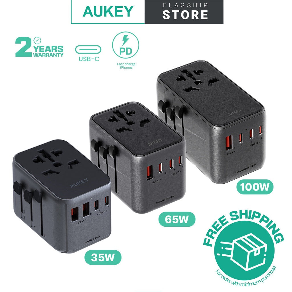 Aukey Travel Mate 35W 65W 100W Universal Adapter with USB Ports Travel Charger