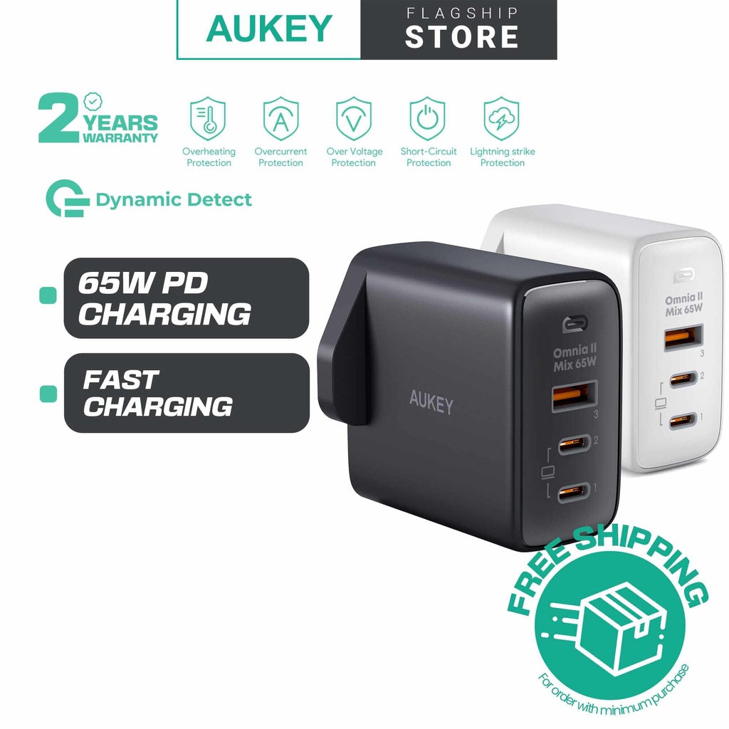 AUKEY PA-B6T Omnia II Series Dual 65W With GaN Power Tech Wall Charger iP 14/13/12 Series
