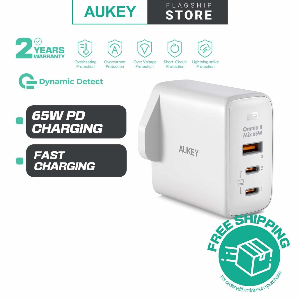 AUKEY PA-B6T Omnia II Series Dual 65W With GaN Power Tech Wall Charger iP 14/13/12 Series
