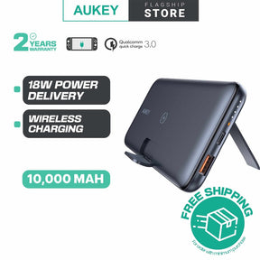 Aukey PB-WL02 / PB-WL03 18W PD QC 3.0 10000mAh Power Bank With Foldable Stand & Wireless Charging