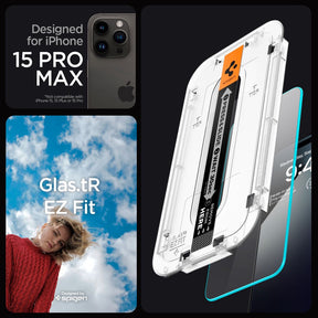 Spigen [1 Pack] Glas.tR EZ Fit Screen Protector iPhone 15 / Pro / Pro Max / Plus