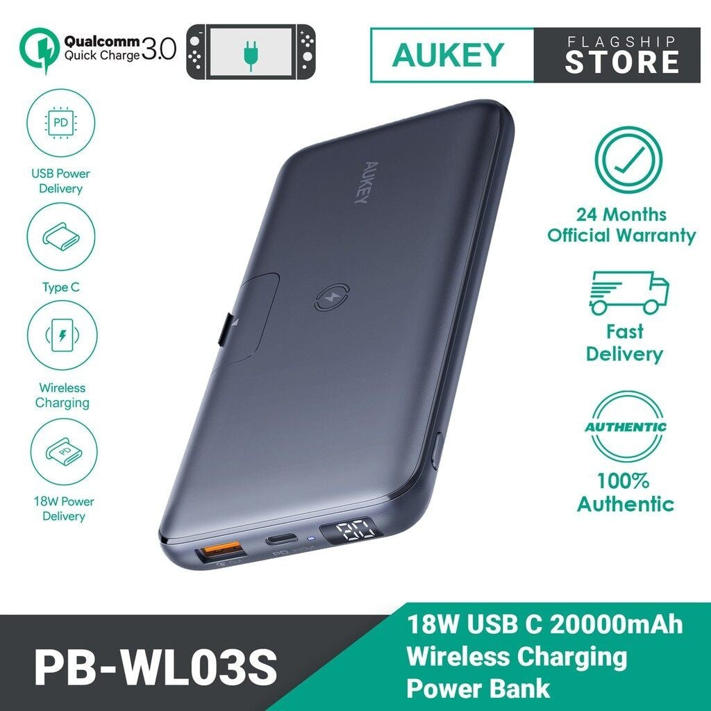 Aukey  PB-WL03S 18W PD QC3.0 20000mAh Power Bank With Foldable Stand & Wireless Charging