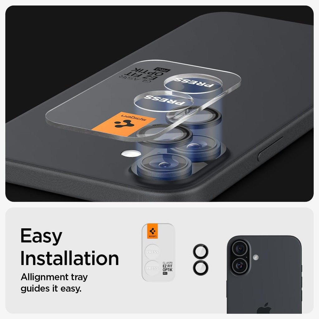 Pelindung Skrin Lensa Kamera Spigen GlasTR EZ Fit Optik Pro Direka untuk iPhone 16 Plus/iPhone 16 Hitam [2 Pek]