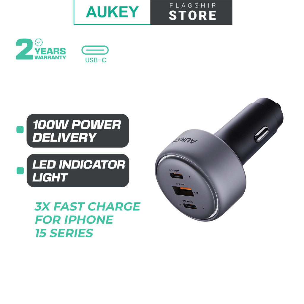 Aukey CC-P3 100W PPS Fast Charging Car Charger Dual USB C and USB A