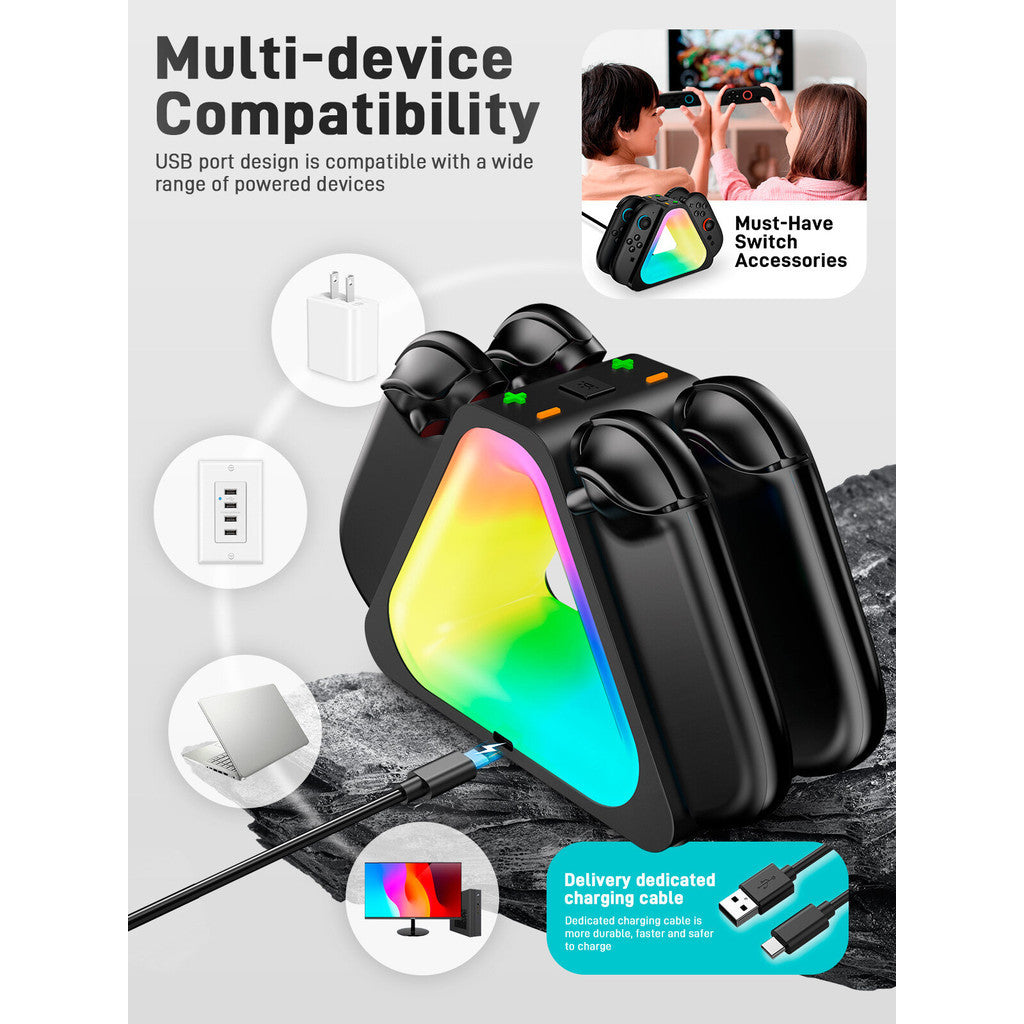 i-Blason Charging Dock for Nintendo Switch 2 Joycon Controller 7 Adjustable RGB Lighting Design 4 in 1 LED Indication