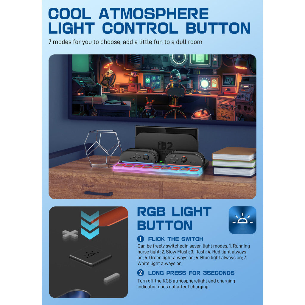 i-Blason Charging Dock Storage Base for Nintendo Switch 2 JoyCon Controllers 9 Game Card Slots Ambient Lighting