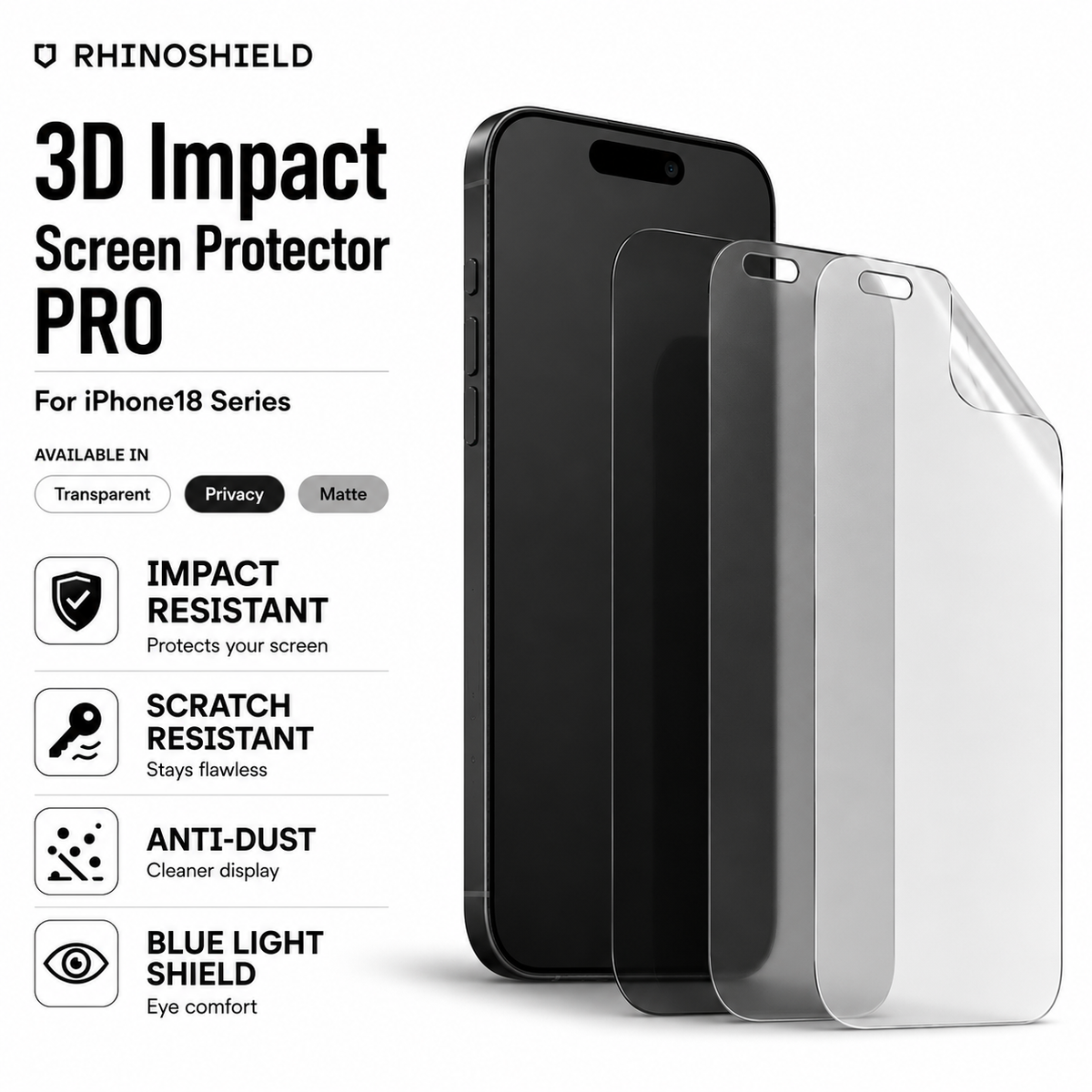 RHINOSHIELD Impact Protector PRO High Impact Resistance Screen Protector compatible for iPhone 18 Pro / iPhone 18 Pro Max