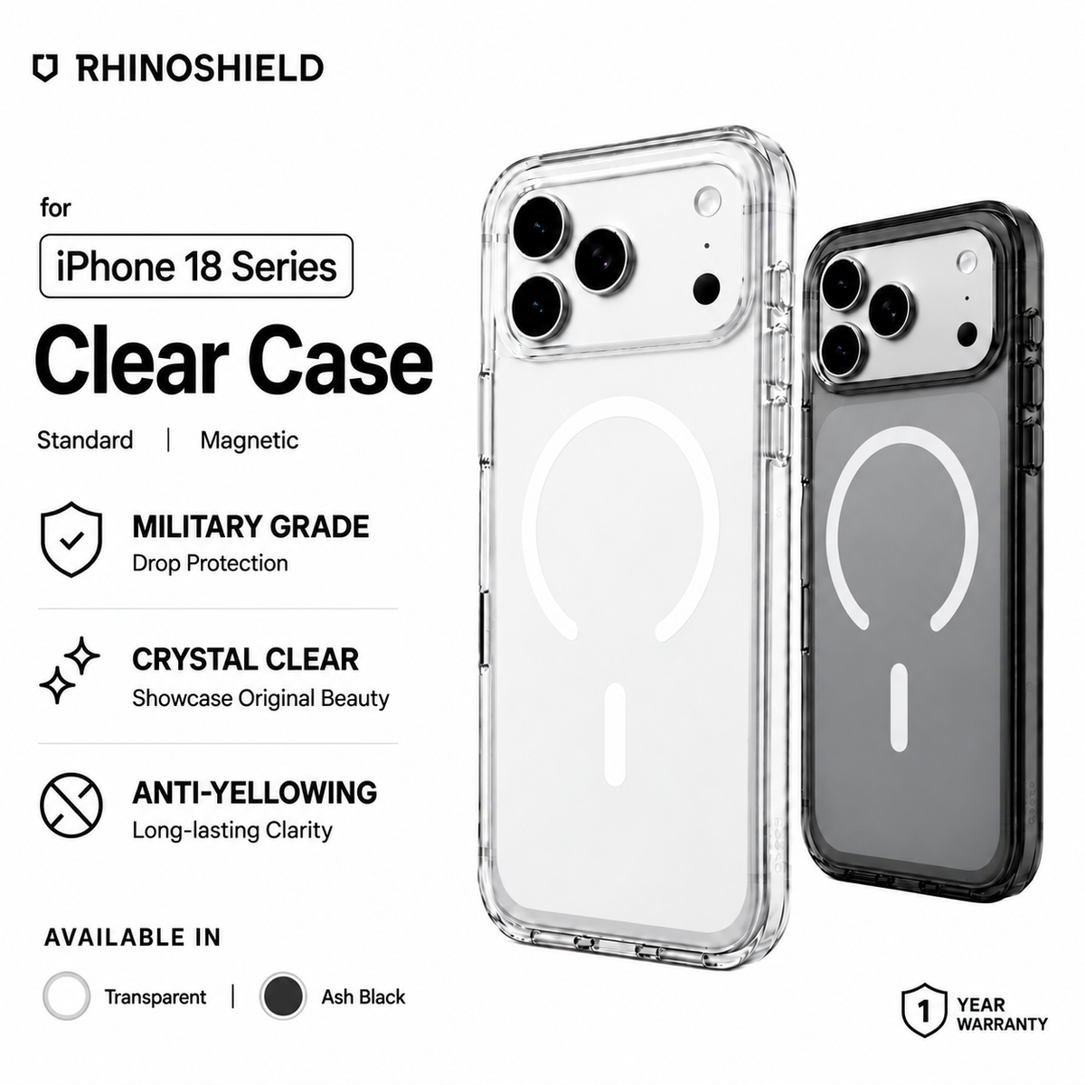 RHINOSHIELD Clear Anti-Yellowing Transparent Protective Phone Case compatible for iPhone 17/18 Series