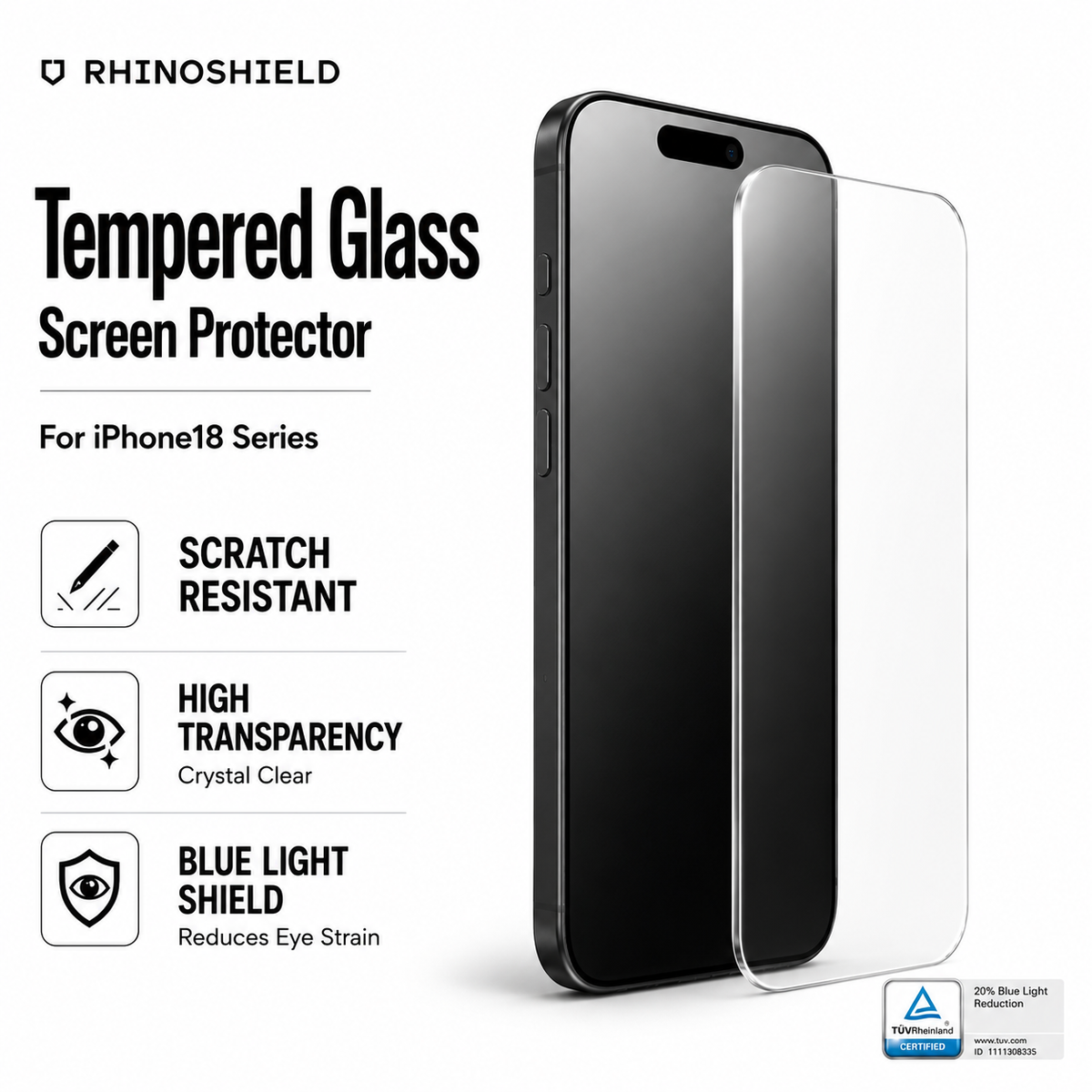 RHINOSHIELD 9H Tempered Glass Scratch Resistance Screen Protector compatible for iPhone 18 Pro / iPhone 18 Pro Max