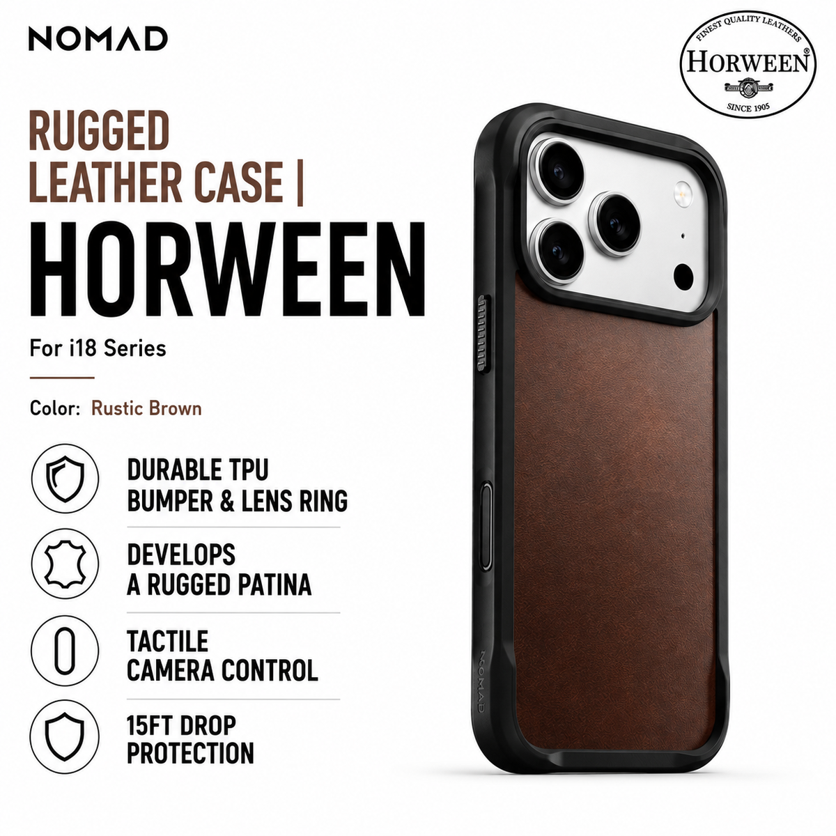 NOMAD Rugged Leather Phone Case compatible for iPhone 18 Pro / iPhone 18 Pro Max (Horween Leather and Magnetic)