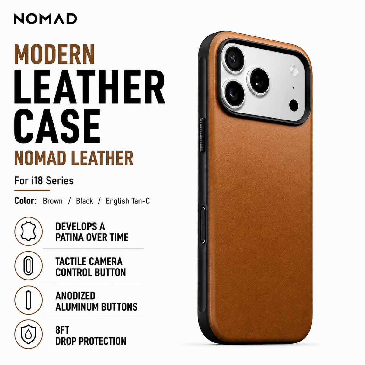 NOMAD Modern Leather Case phone case compatible for iPhone 18 Pro / iPhone 18 Pro Max (Magnetic and Nomad Leather)