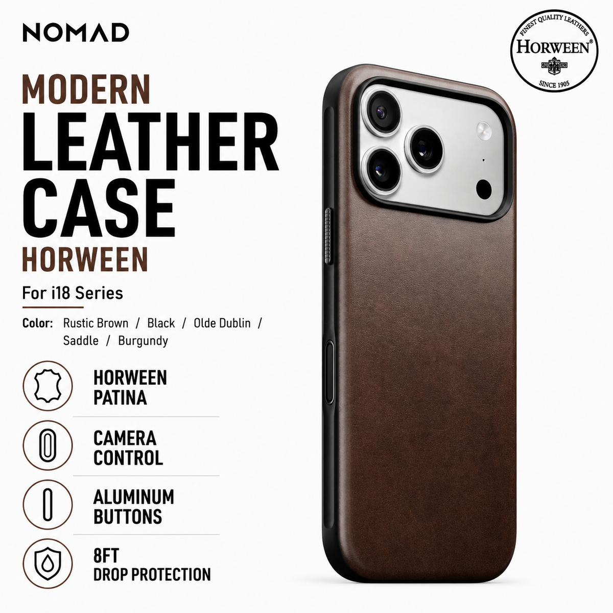 NOMAD Modern Leather Case Phone Case compatible for iPhone 18 Pro / iPhone 18 Pro Max (Horween Leather & Magnetic)