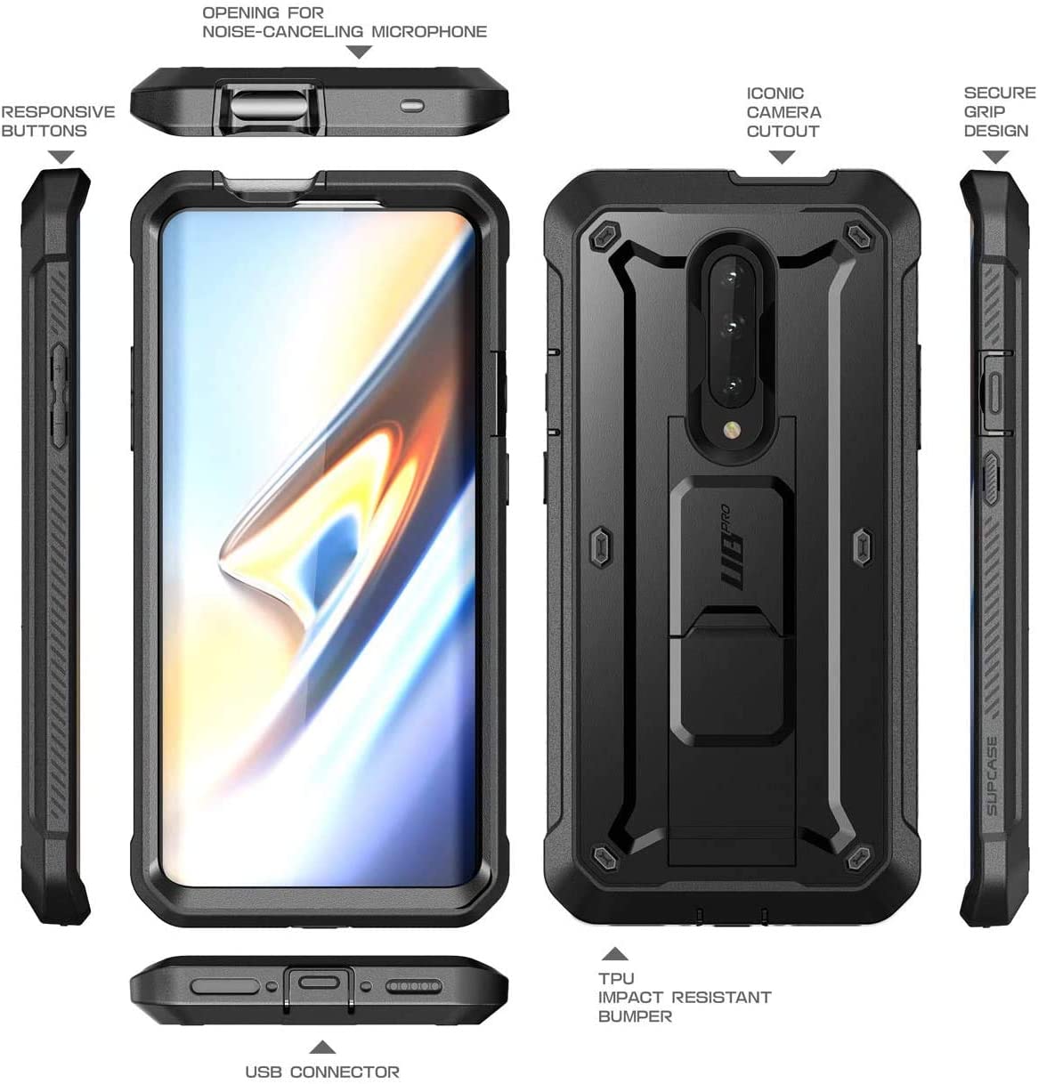 SUPCASE Unicorn Beetle Pro OnePlus 7 / 7T Pro / 7T Full-Body Rugged Holster Kickstand Case with Built-in Screen Protector (Black)
