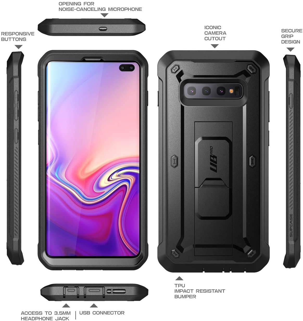 SUPCASE Unicorn Beetle Pro Galaxy S10 Plus Full-Body Dual Layer Rugged with Holster & Kickstand Without Built-in Screen Protector (Black)