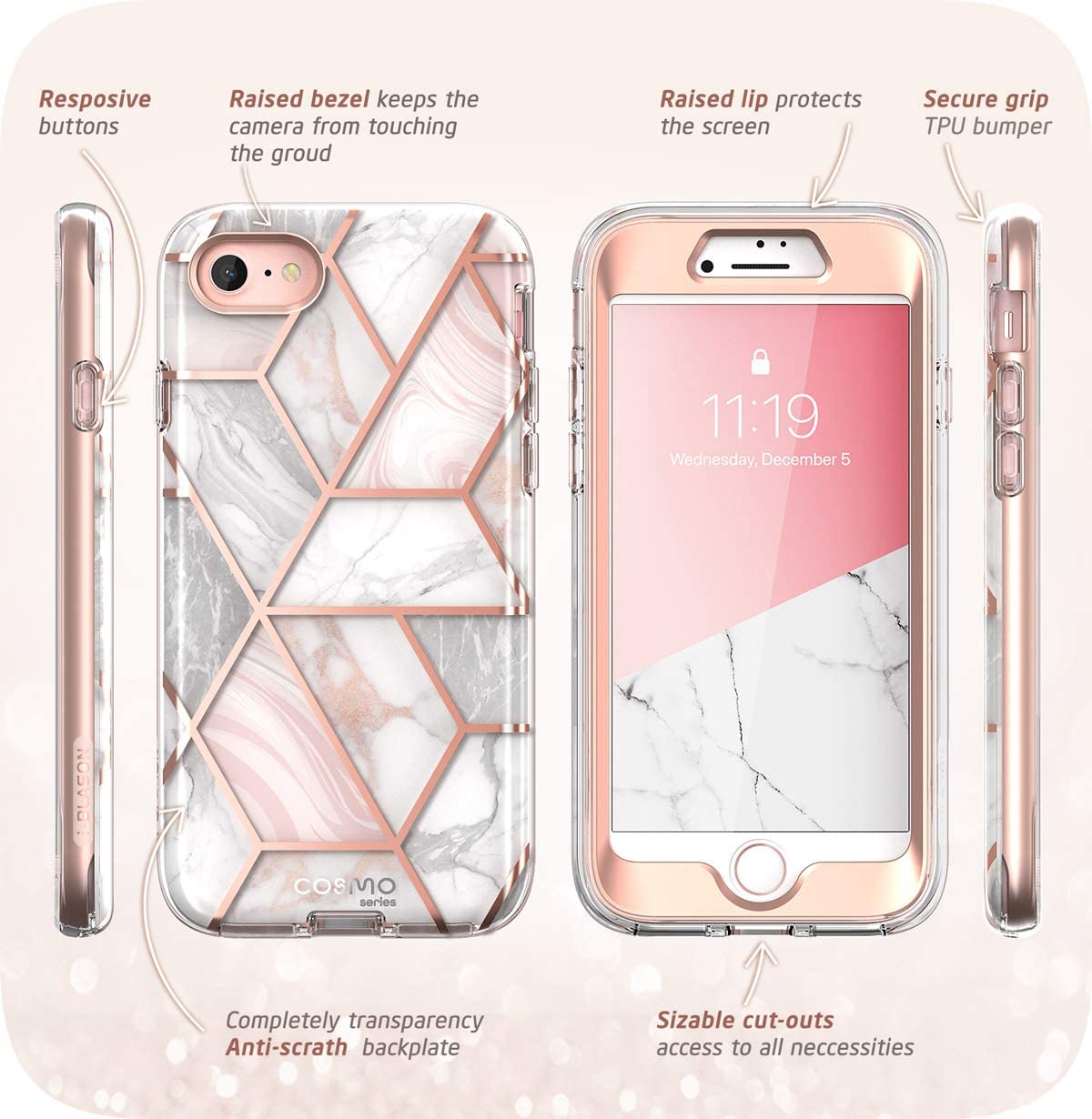 i-Blason Cosmo Series iPhone SE 2020 / 8 / 7 / Plus [Built-in Screen Protector] Stylish Protective Bumper Case (Marble)