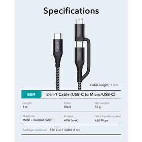 ESR 2-in-1 USB-C to USB-C/Micro Cable [3.3 ft/1 m] Type C Cable [Braided Nylon] Fast Charging