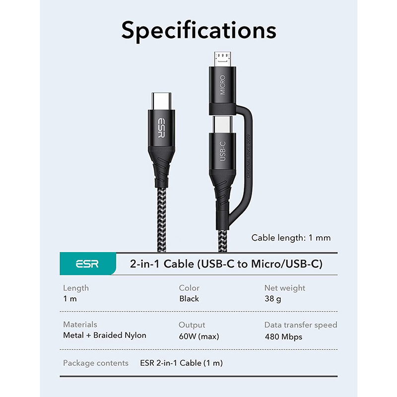 ESR 2-in-1 USB-C to USB-C/Micro Cable [3.3 ft/1 m] Type C Cable [Braided Nylon] Fast Charging