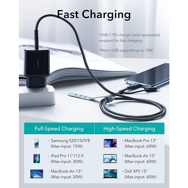 ESR 2-in-1 USB-C to USB-C/Micro Cable [3.3 ft/1 m] Type C Cable [Braided Nylon] Fast Charging